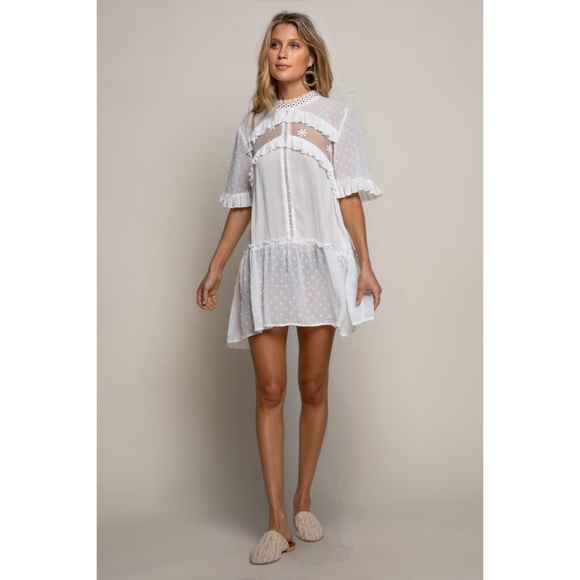 POL Ivory Ethereal Swiss Dot Mock Neck Lace Inset Mini Dress - Picture 6 of 7